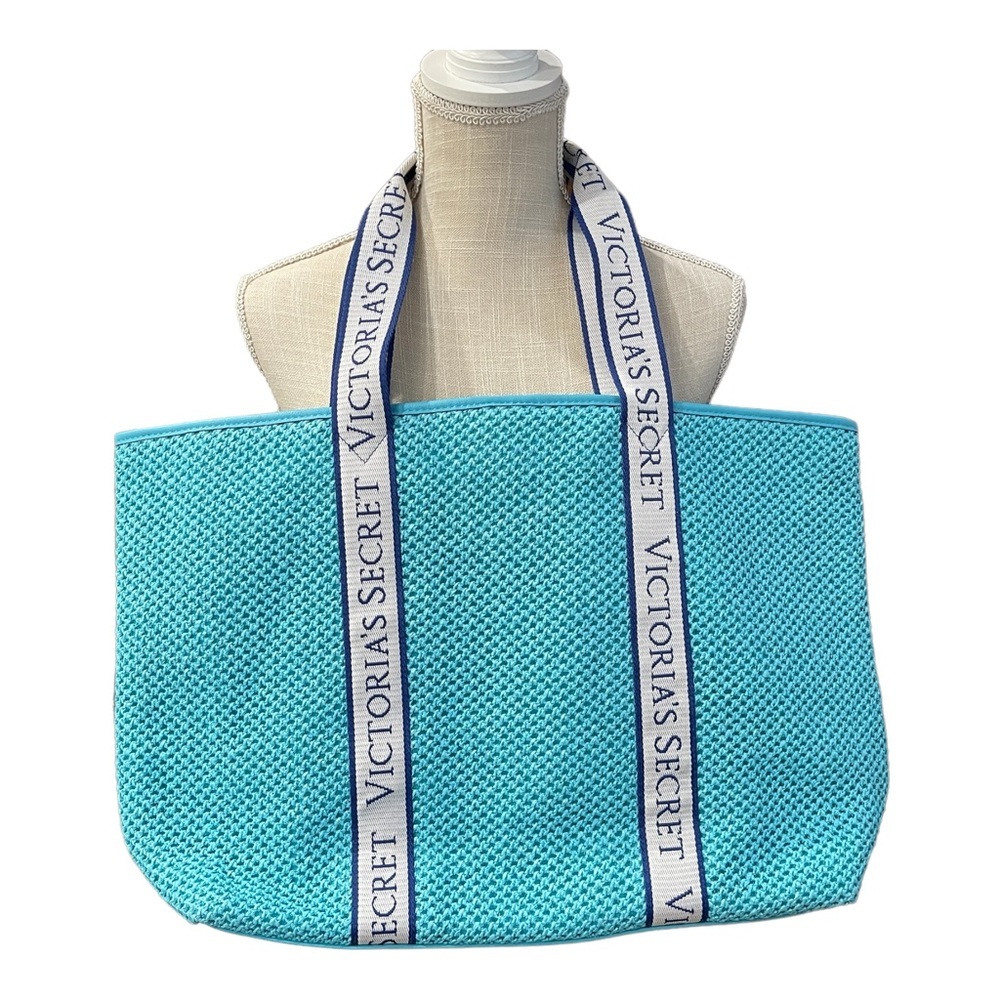 Victoria's Secret Bombshell Isle Crochet Straw Blue Large Logo Strap Tote Bag